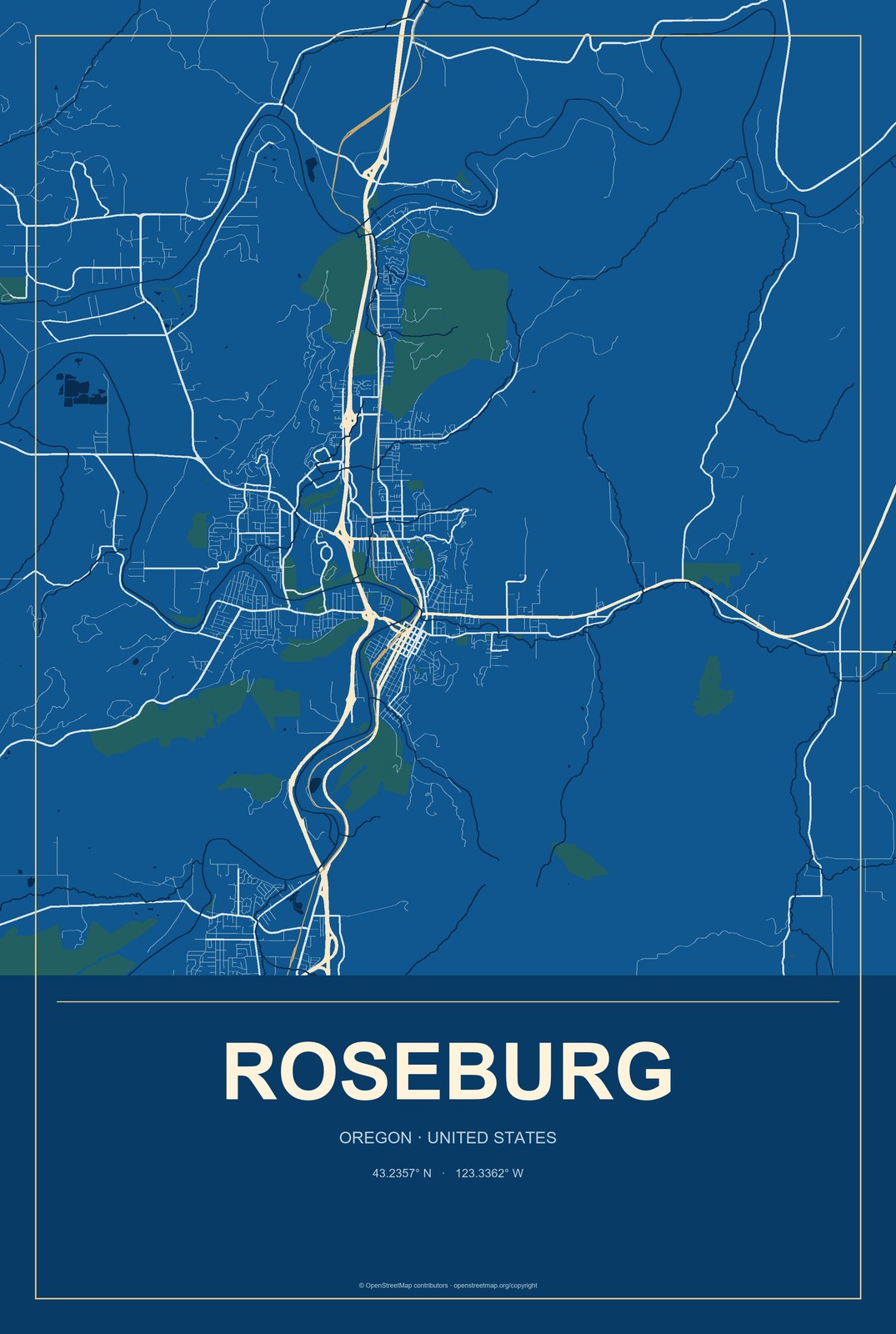 Roseburg, Oregon City Map Aluminum Sign in Harbor Cobalt style