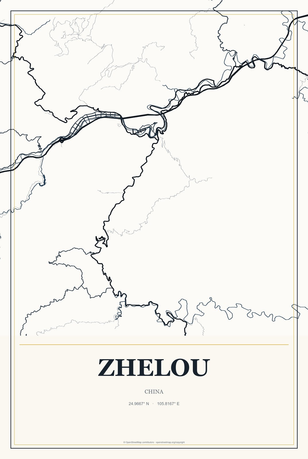 Zhelou, China City Map Aluminum Sign in Citrine Modern style