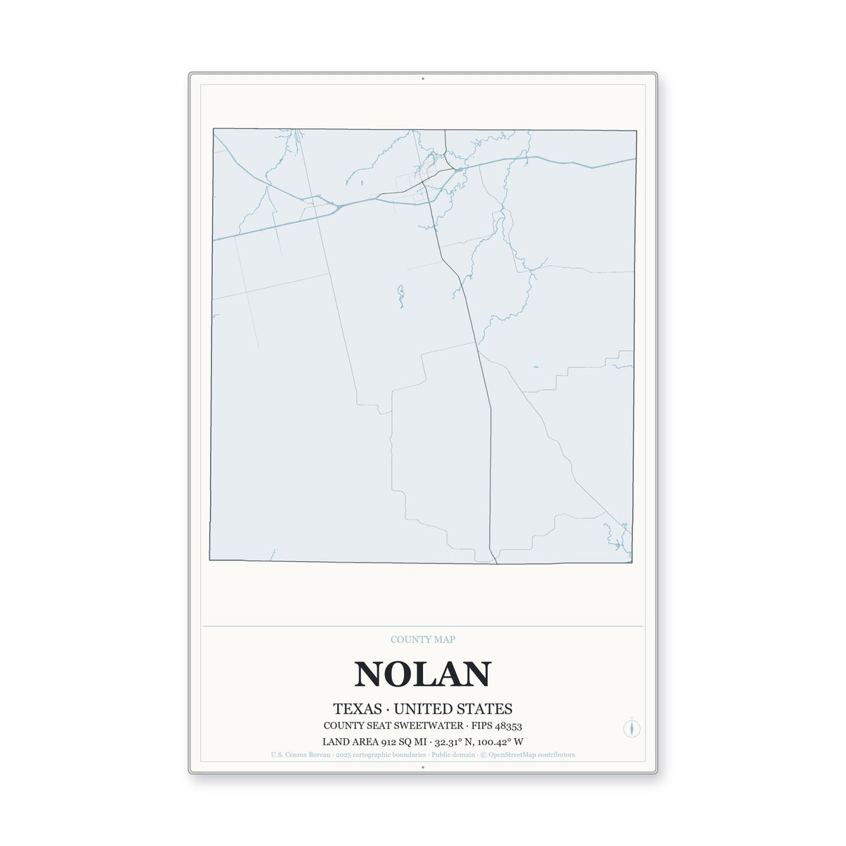 Nolan County, Texas Map Aluminum Sign in Gallery Air style