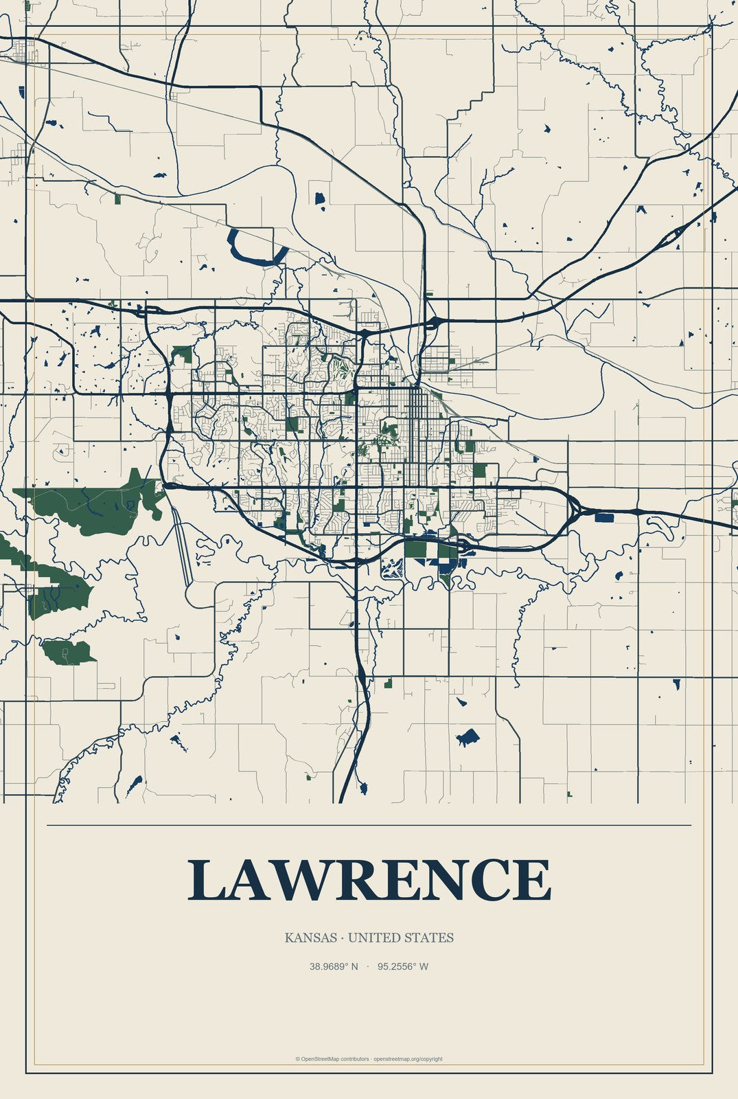 Lawrence, Kansas City Map Aluminum Sign in Coastal Cutout style