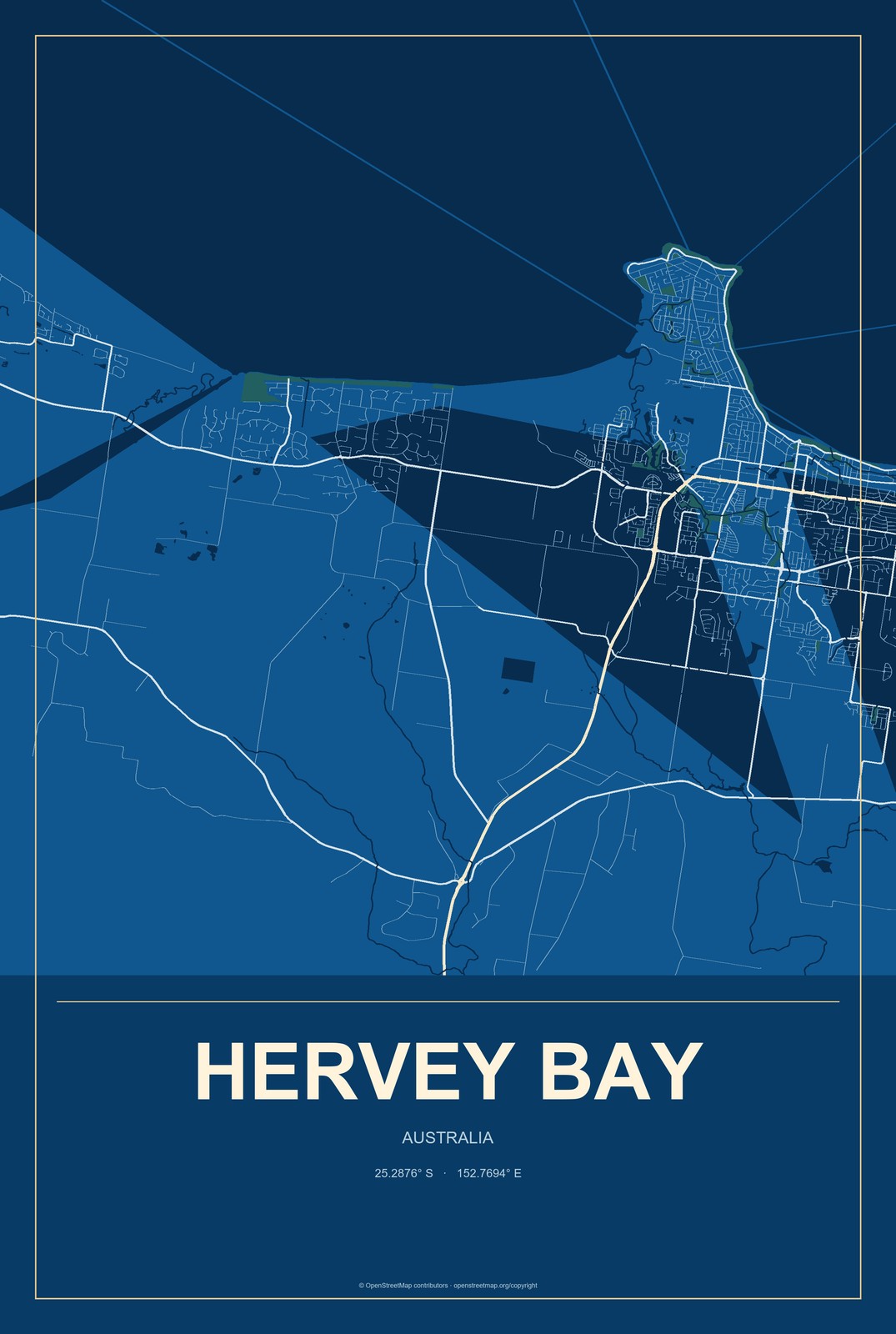 Hervey Bay, Australia City Map Aluminum Sign in Harbor Cobalt style