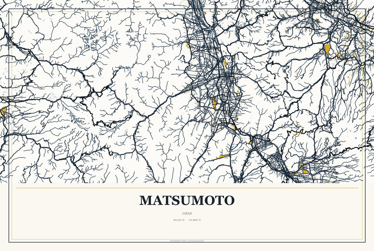 Matsumoto, Japan City Map Aluminum Sign in Citrine Modern style