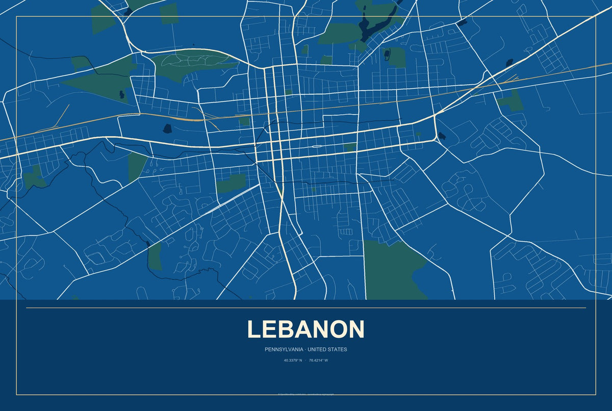 Lebanon, Pennsylvania City Map Aluminum Sign in Harbor Cobalt style