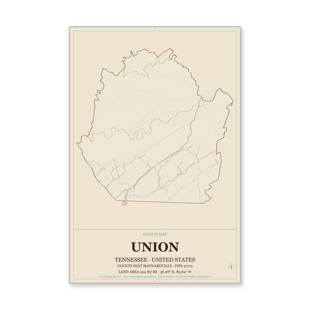Union County, Tennessee Map Aluminum Sign in Heritage Nautical style