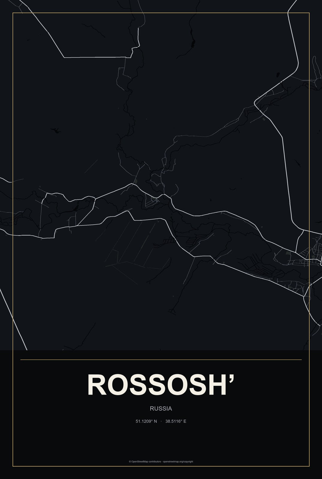 Rossosh’, Russia City Map Aluminum Sign in Metropolitan Noir style