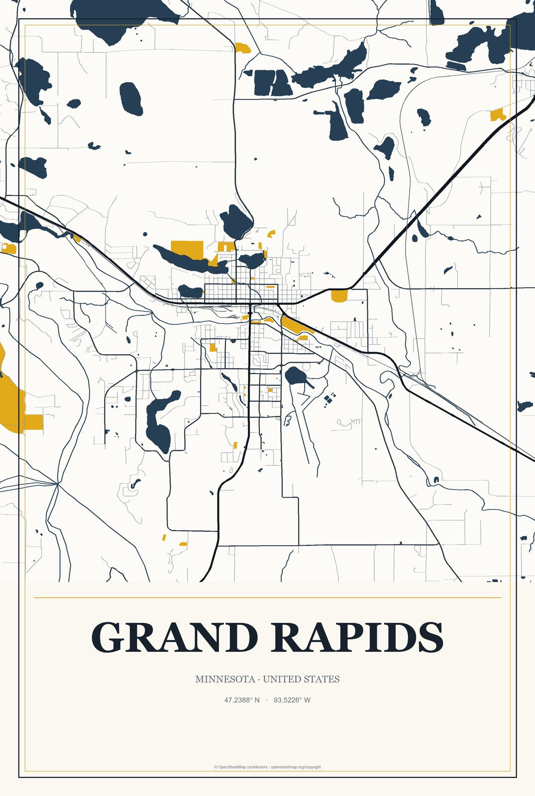 Grand Rapids, Minnesota City Map Aluminum Sign in Citrine Modern style