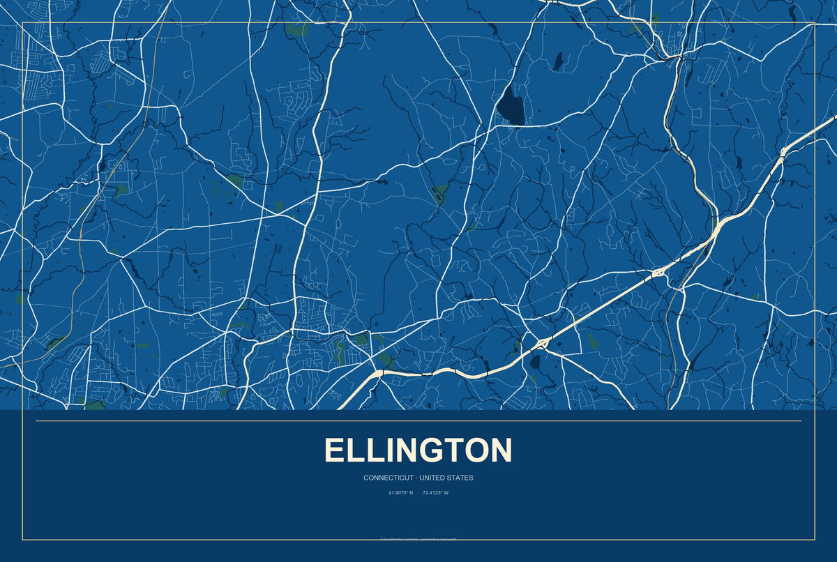 Ellington, Connecticut City Map Aluminum Sign in Harbor Cobalt style