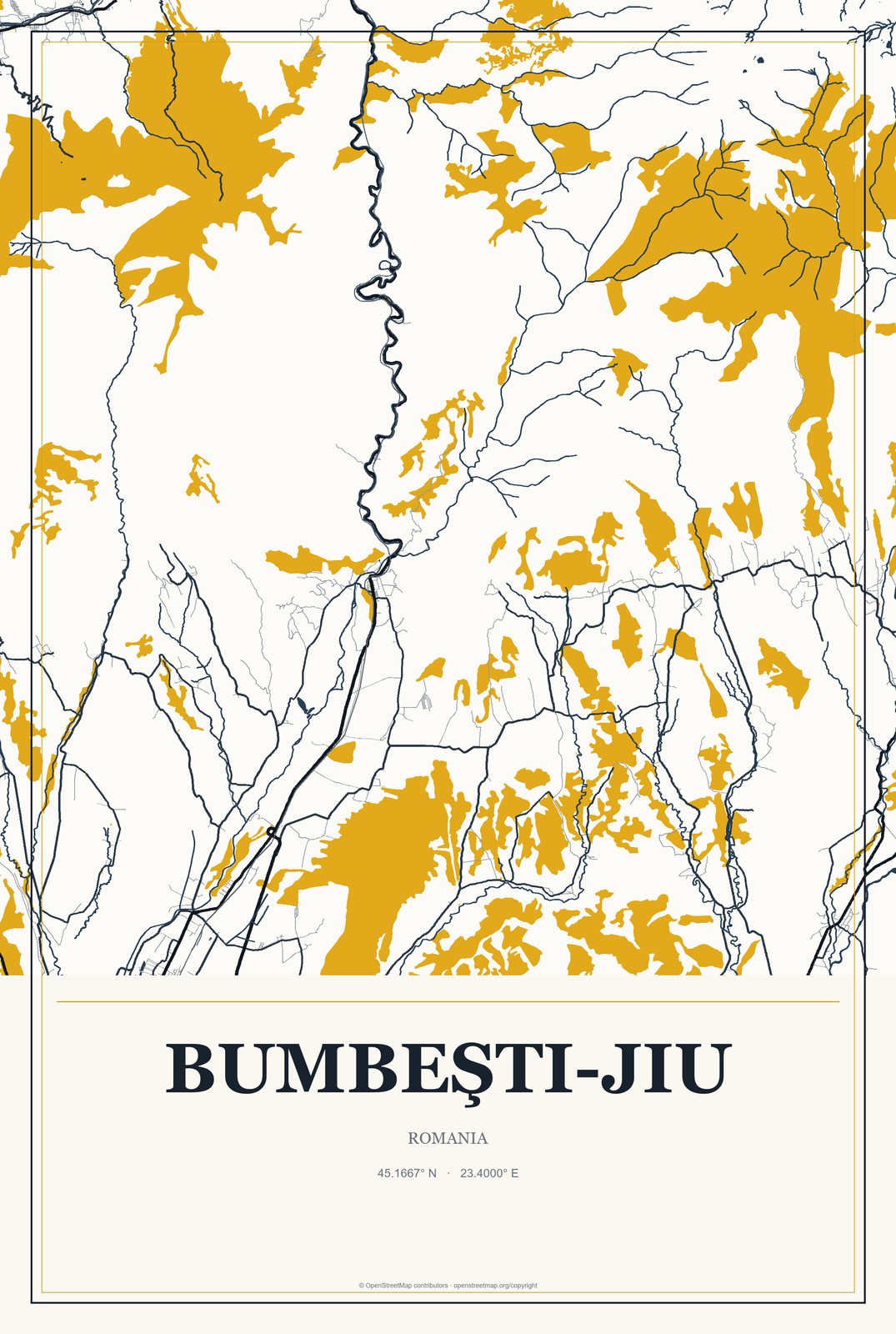 Bumbeşti-Jiu, Romania City Map Aluminum Sign in Citrine Modern style