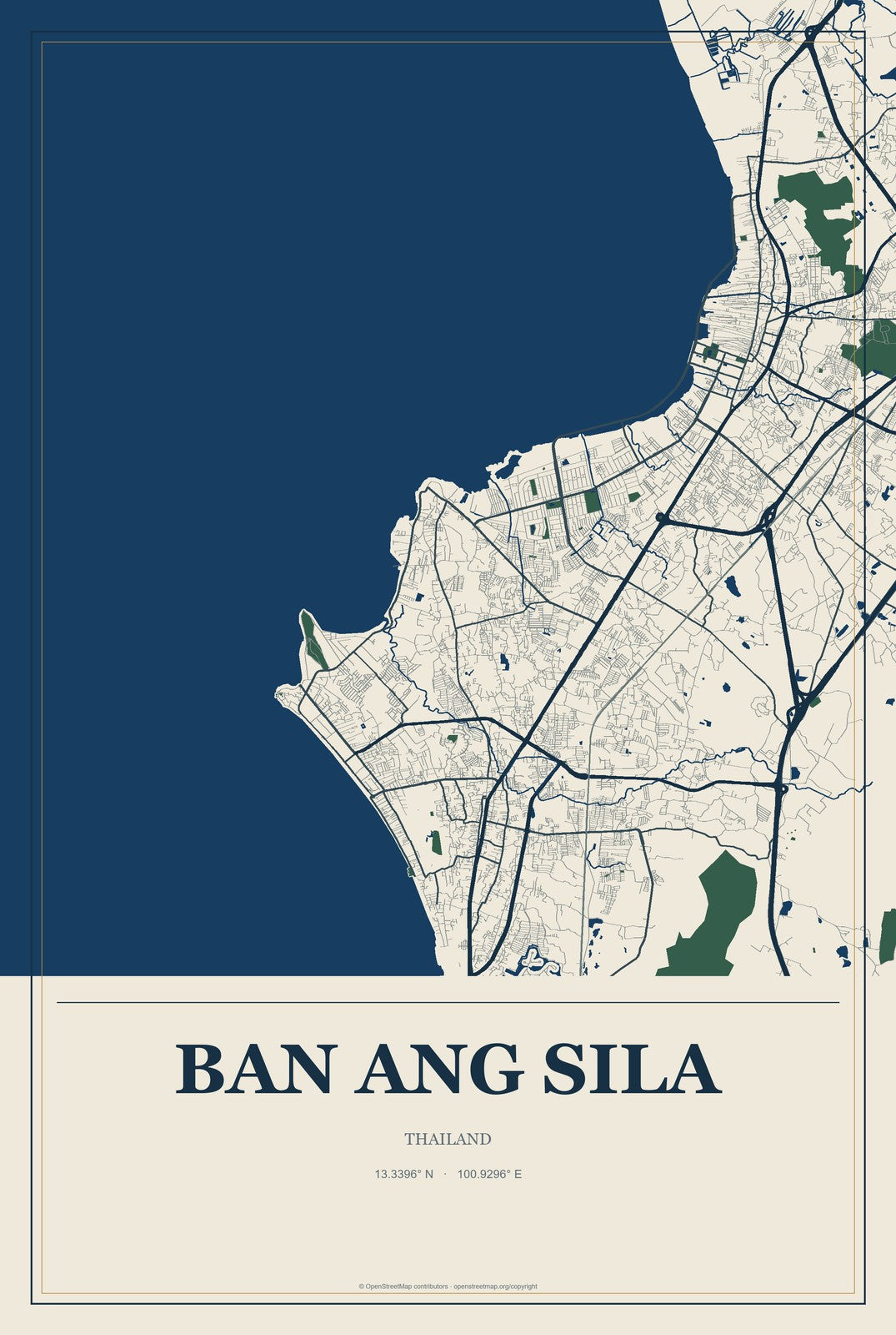 Ban Ang Sila, Thailand City Map Aluminum Sign in Coastal Cutout style