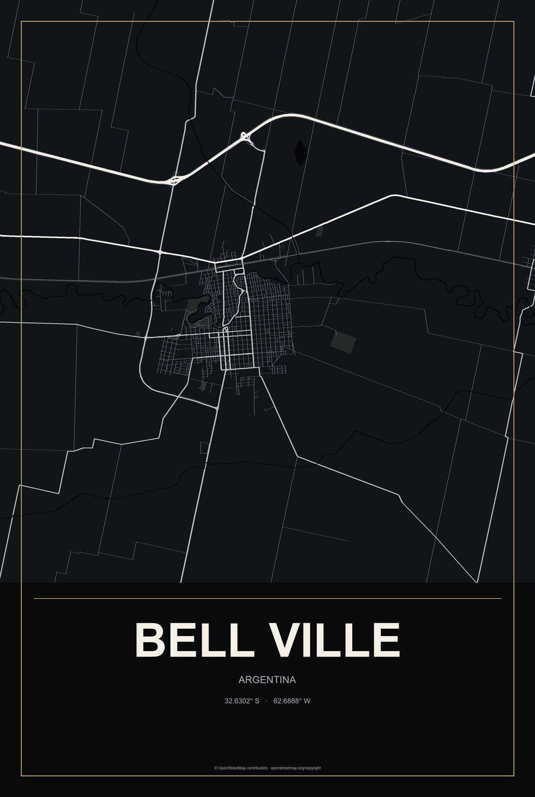 Bell Ville, Argentina City Map Aluminum Sign in Metropolitan Noir style