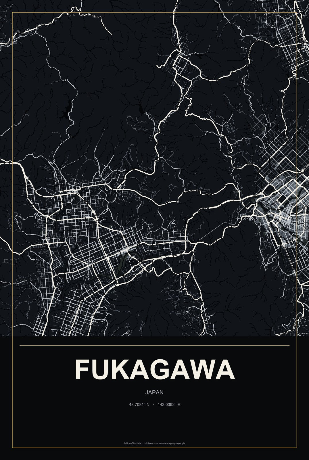 Fukagawa, Japan City Map Aluminum Sign in Metropolitan Noir style