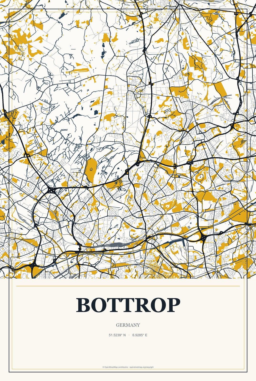 Bottrop, Germany City Map Aluminum Sign in Citrine Modern style