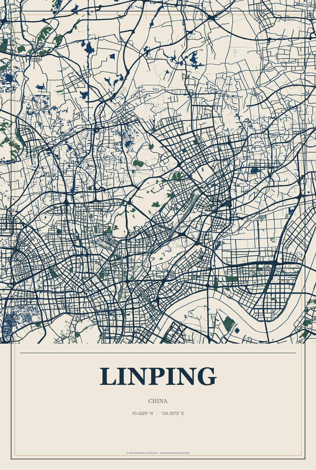 Linping, China City Map Aluminum Sign in Coastal Cutout style
