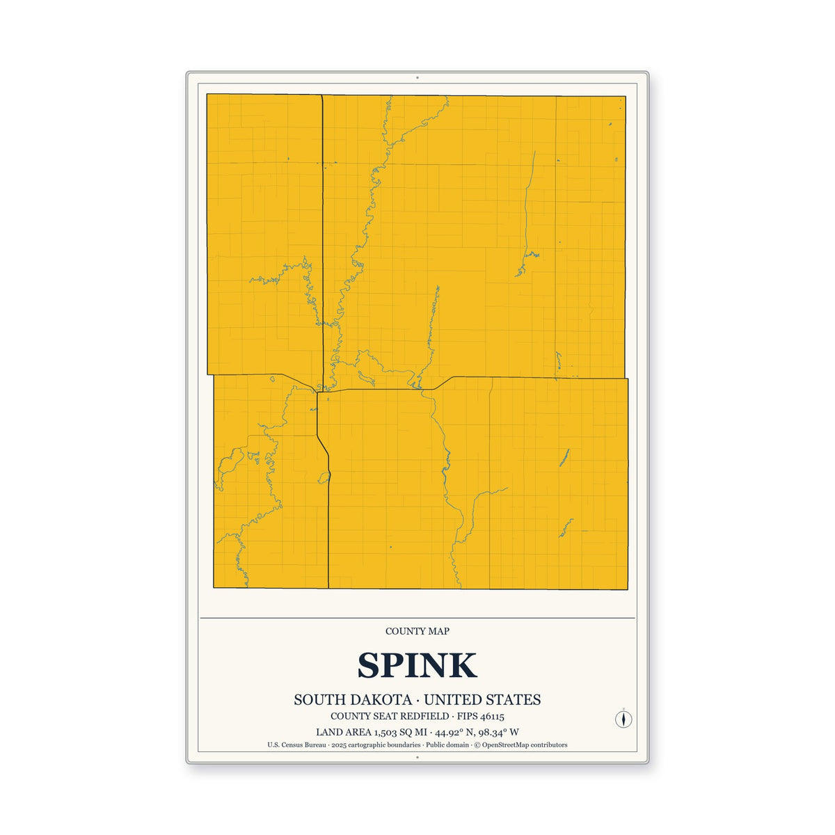 Spink County, South Dakota Map Aluminum Sign in Citrine Modern style