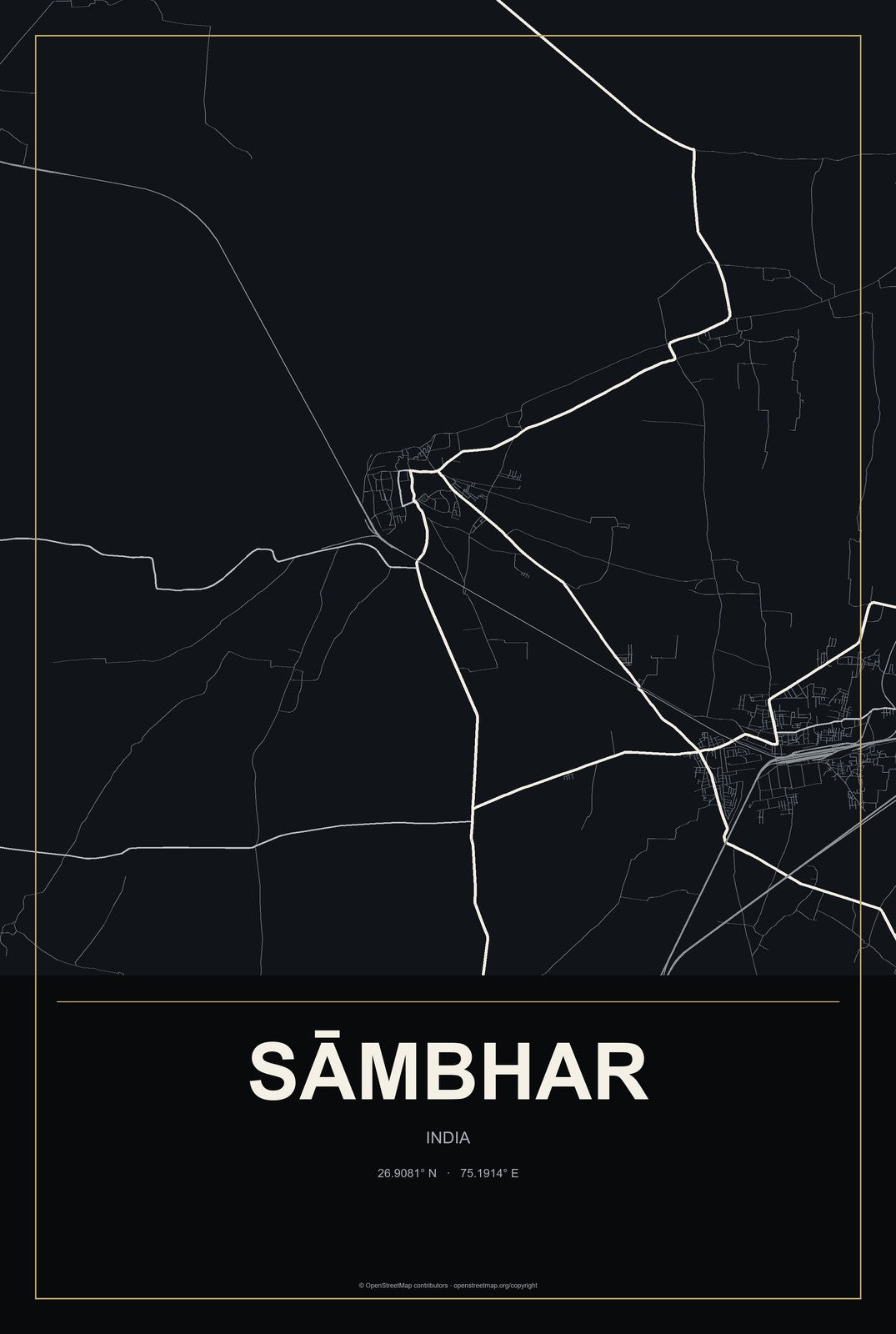 Sāmbhar, India City Map Aluminum Sign in Metropolitan Noir style