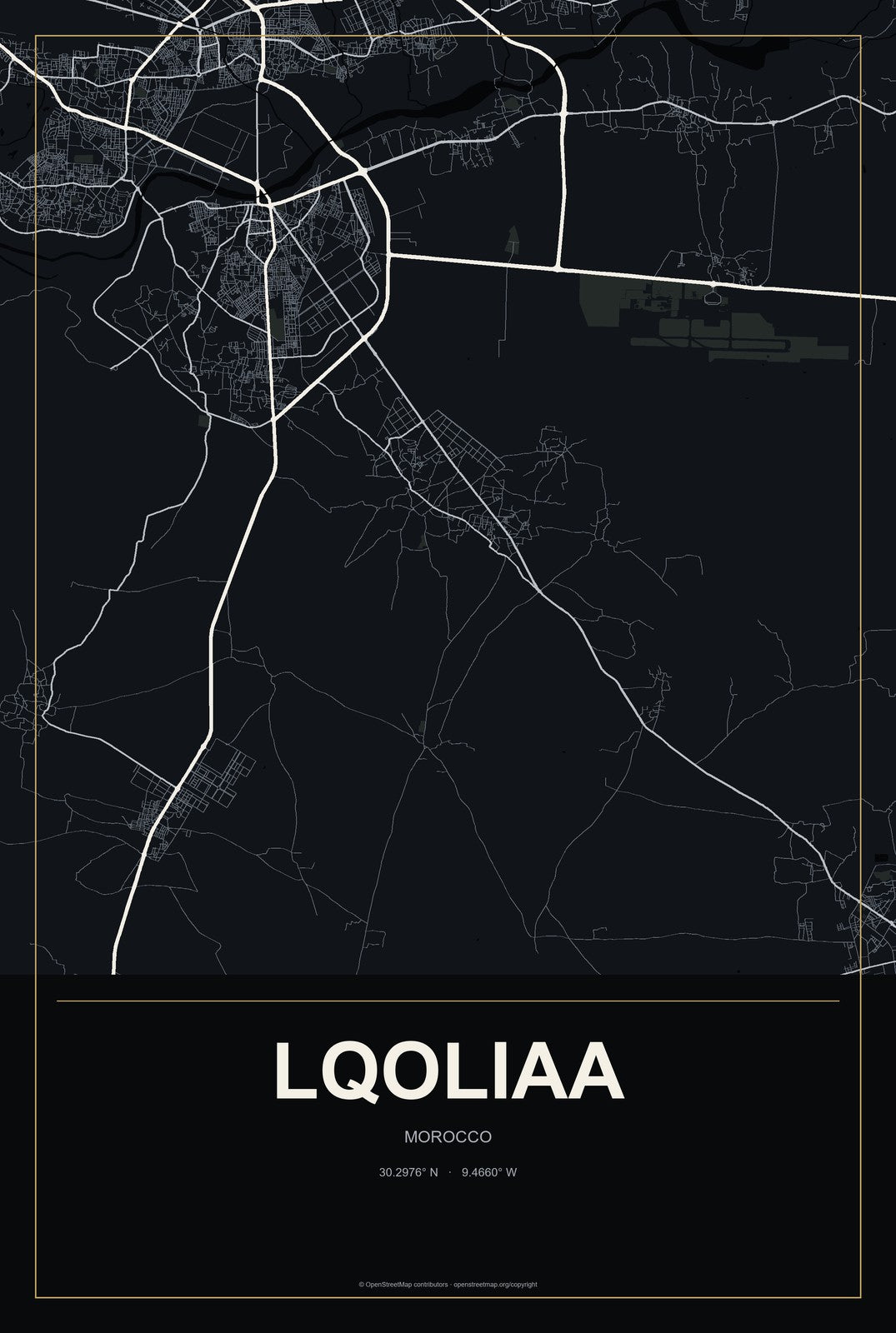 Lqoliaa, Morocco City Map Aluminum Sign in Metropolitan Noir style