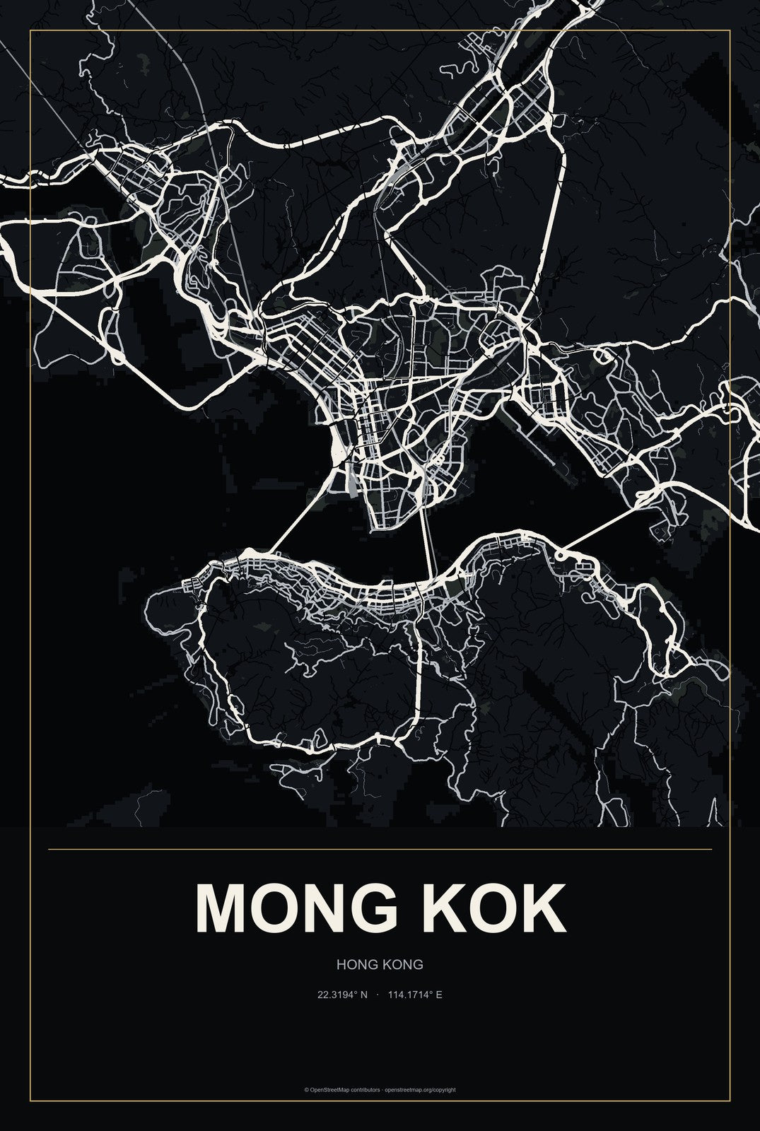 Mong Kok, Hong Kong City Map Aluminum Sign in Metropolitan Noir style