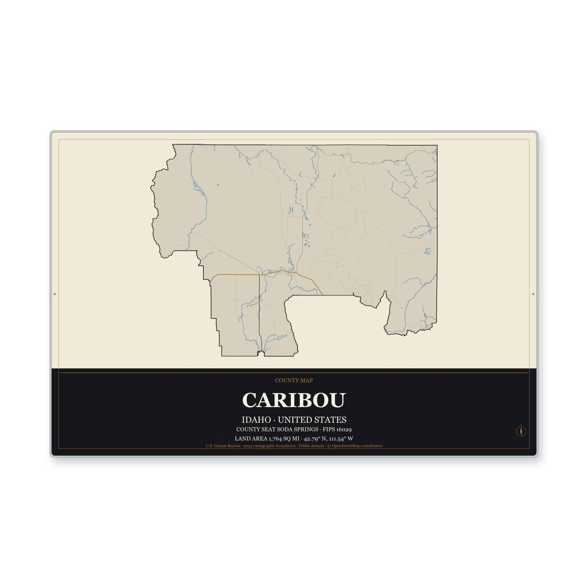 Caribou County, Idaho Map Aluminum Sign in Museum Plaque style