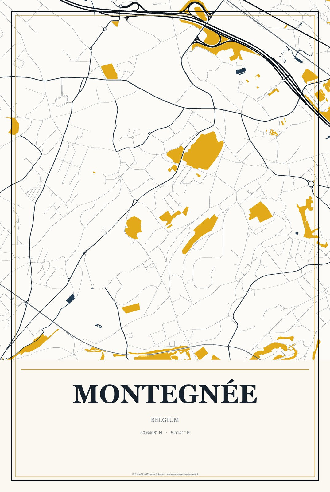 Montegnée, Belgium City Map Aluminum Sign in Citrine Modern style