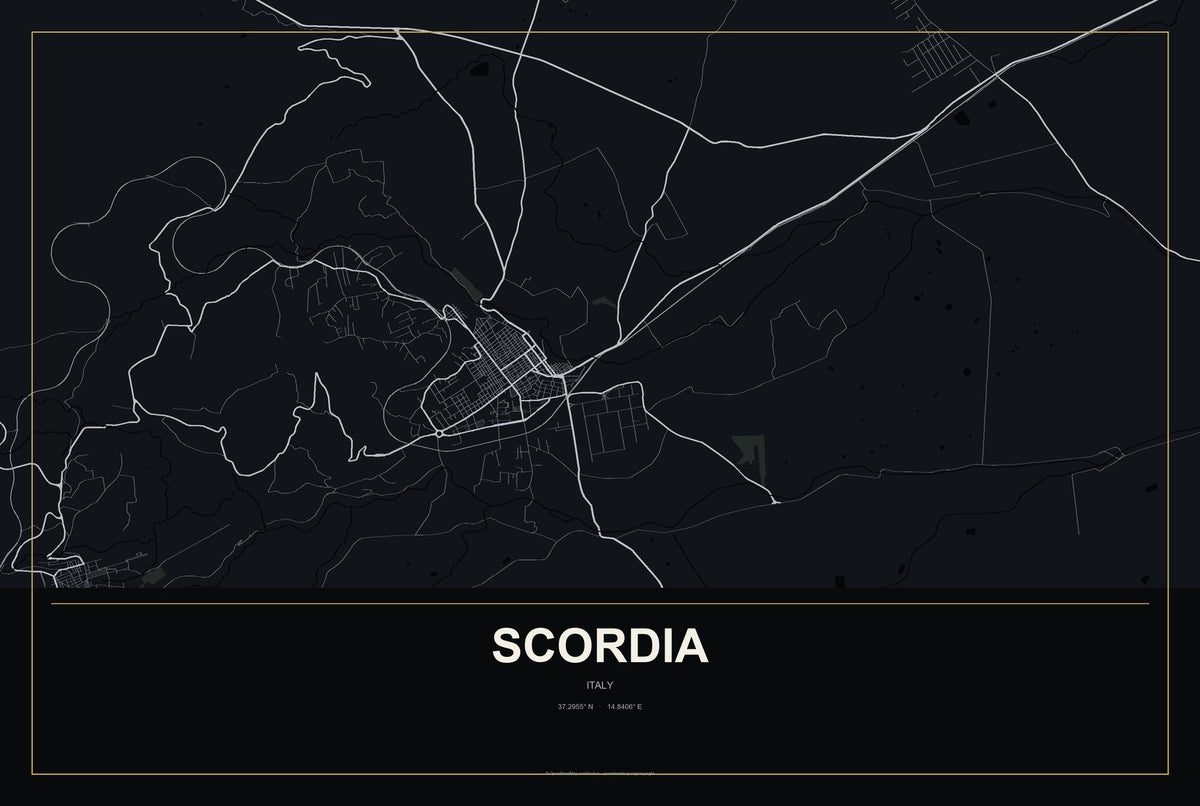 Scordia, Italy City Map Aluminum Sign in Metropolitan Noir style