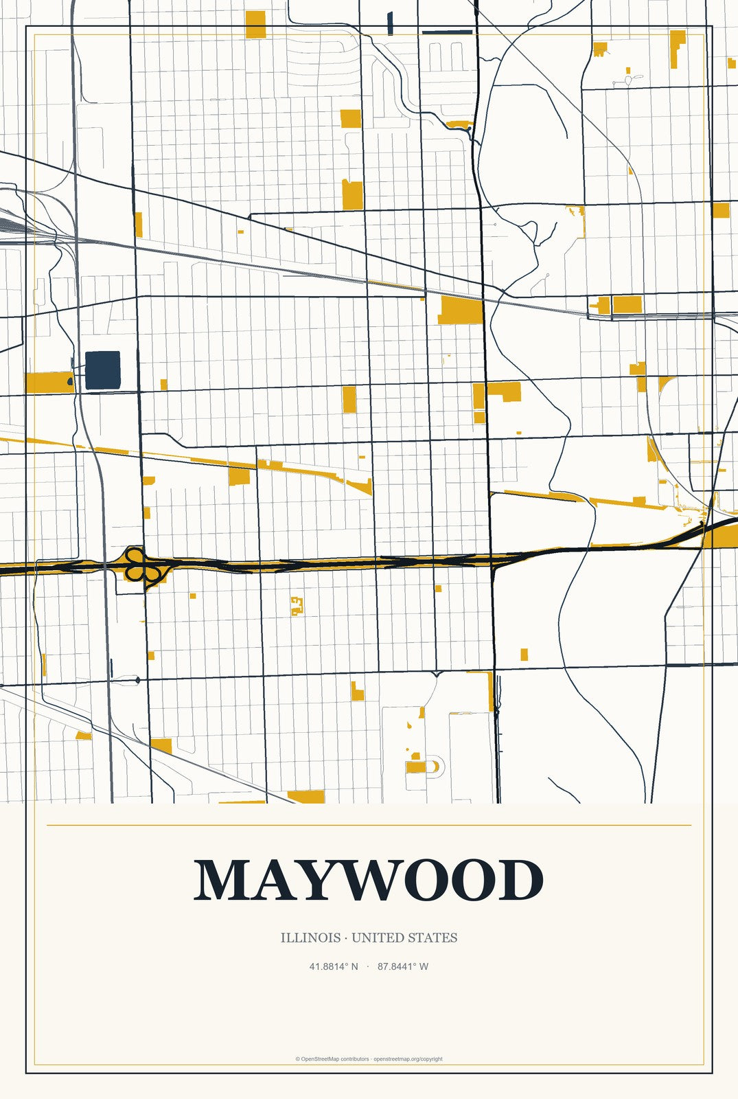 Maywood, Illinois City Map Aluminum Sign in Citrine Modern style
