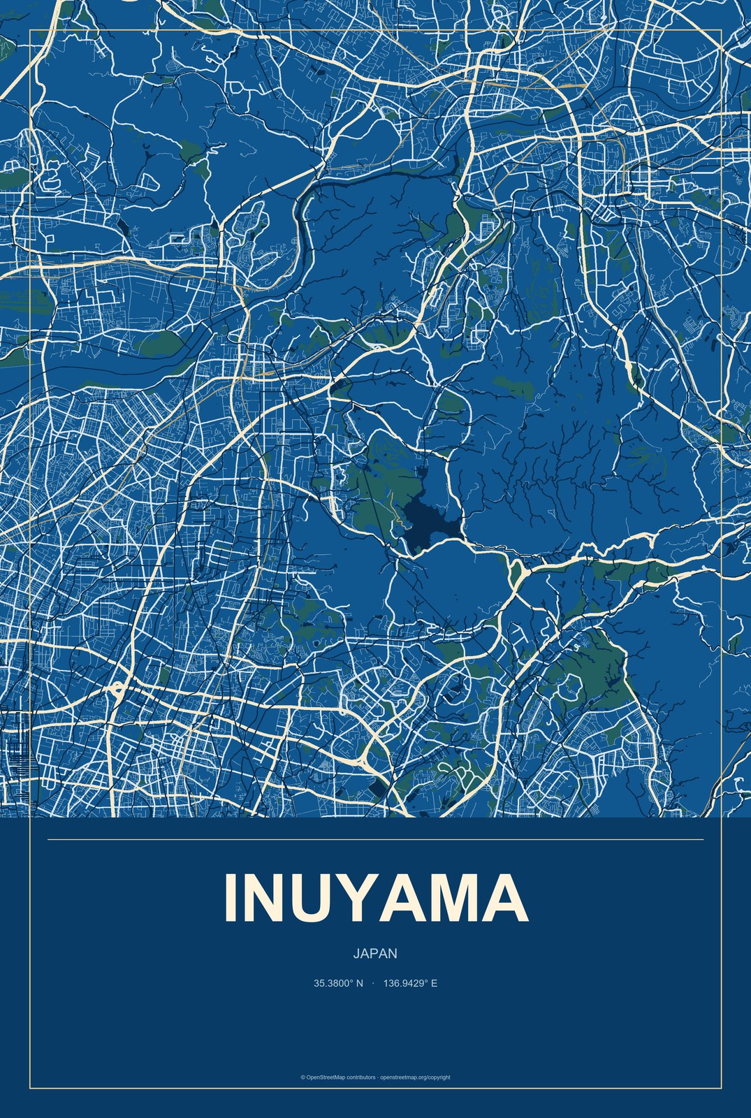 Inuyama, Japan City Map Aluminum Sign in Harbor Cobalt style