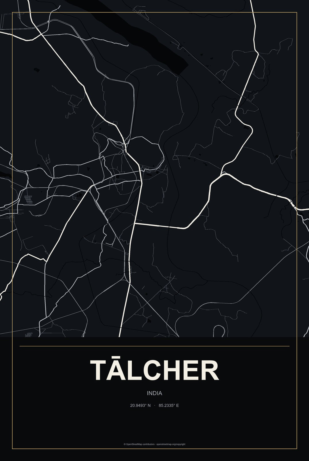 Tālcher, India City Map Aluminum Sign in Metropolitan Noir style