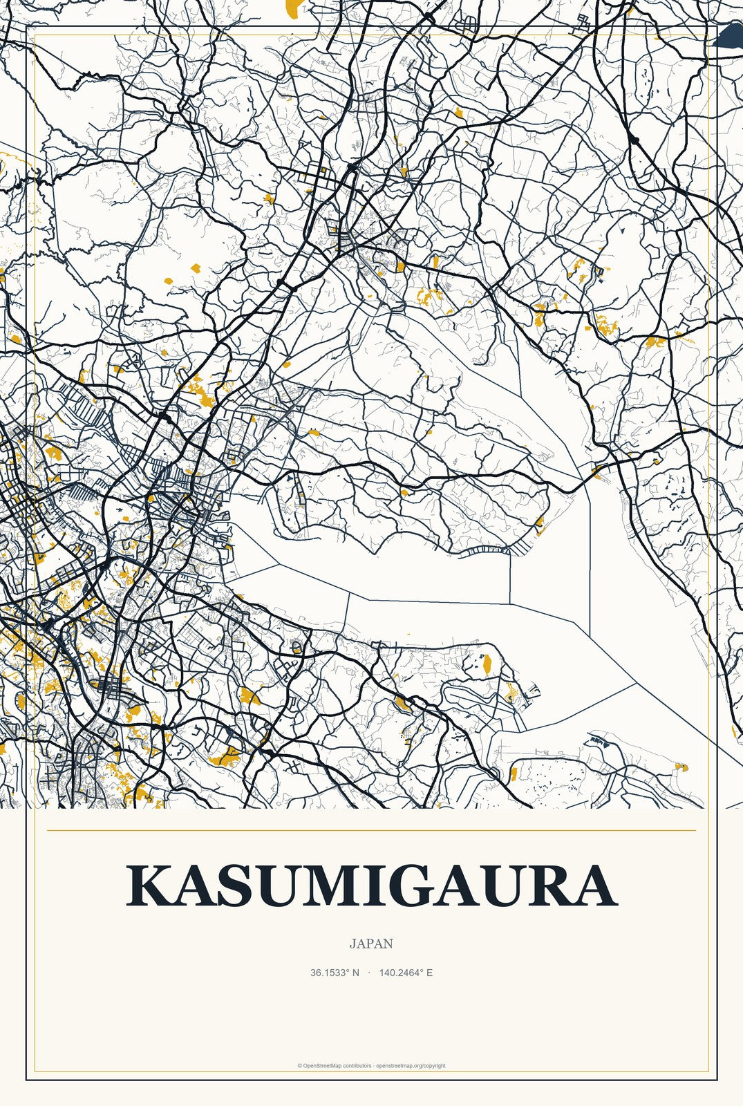 Kasumigaura, Japan City Map Aluminum Sign in Citrine Modern style