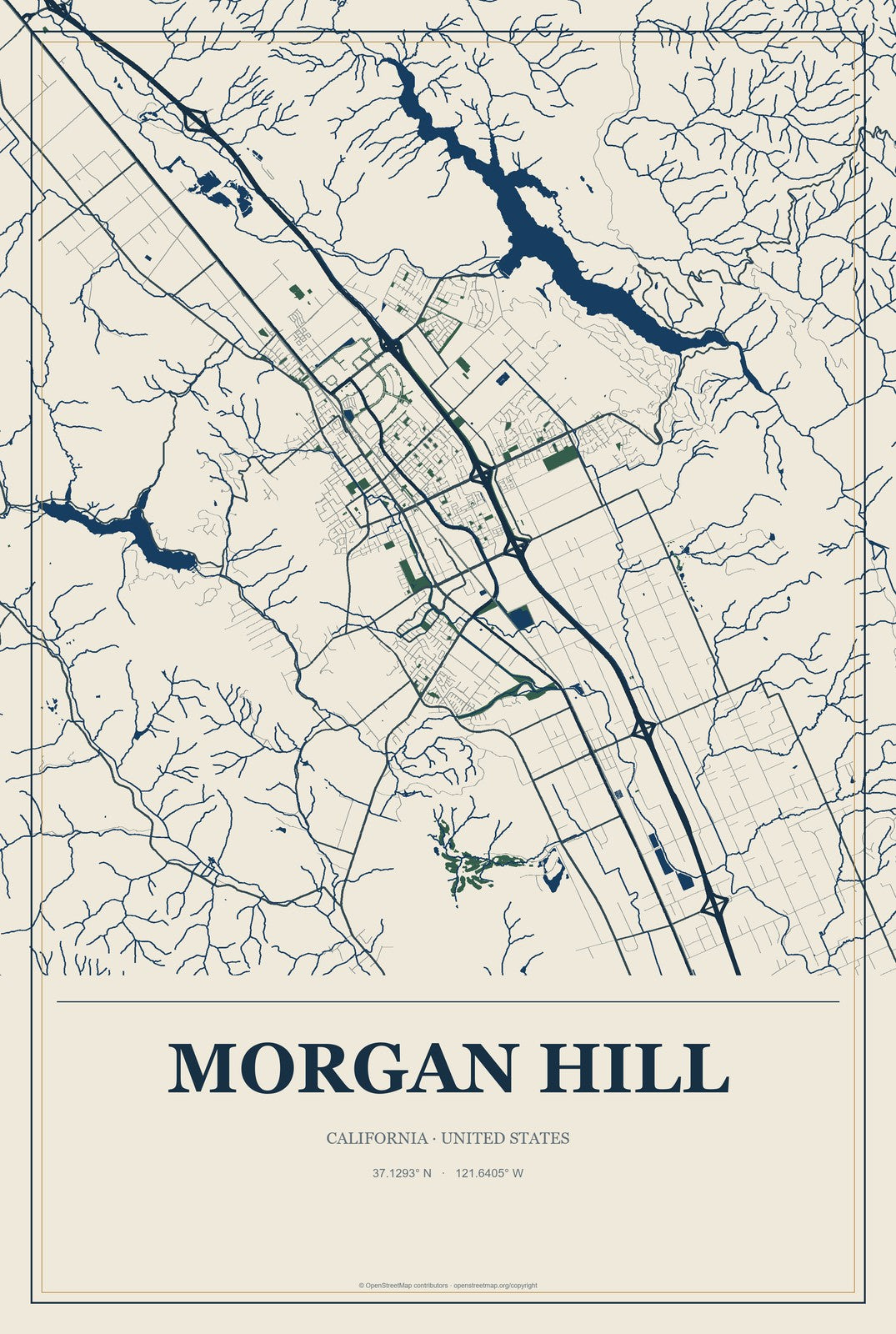 Morgan Hill, California City Map Aluminum Sign in Coastal Cutout style