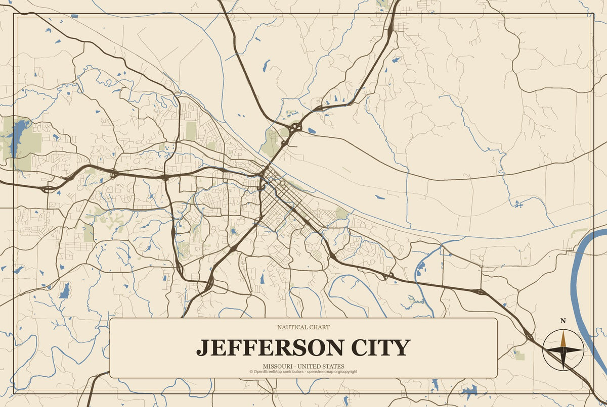 Jefferson City, Missouri City Map Aluminum Sign in Heritage Nautical style