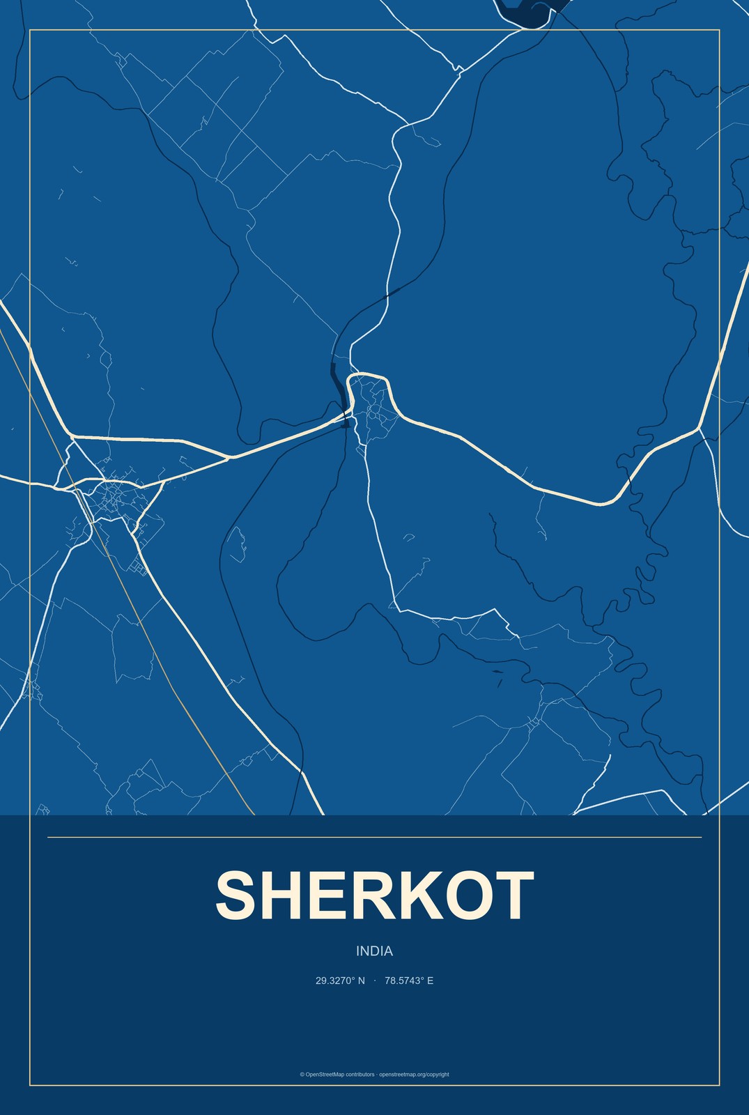 Sherkot, India City Map Aluminum Sign in Harbor Cobalt style