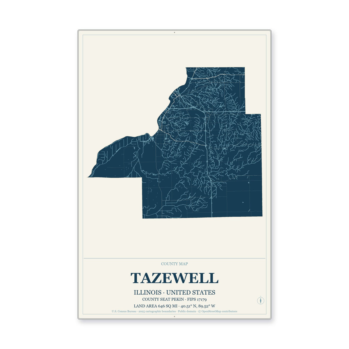 Tazewell County, Illinois Map Aluminum Sign in Coastal Cutout style