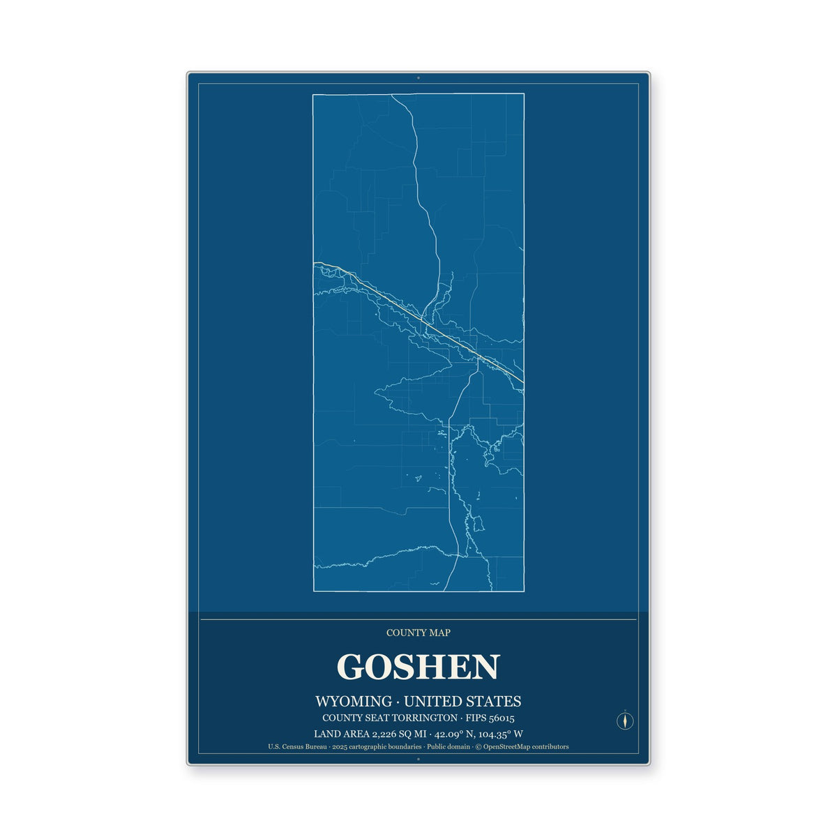 Goshen County, Wyoming Map Aluminum Sign in Harbor Cobalt style