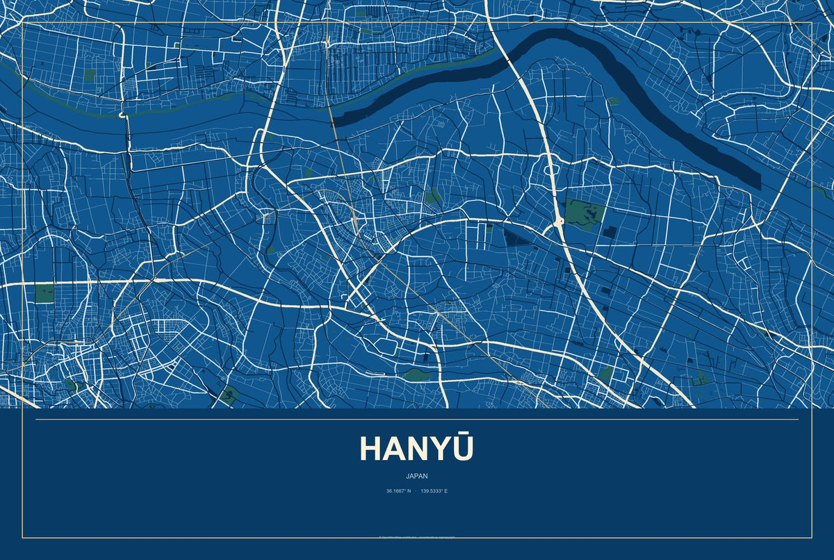 Hanyū, Japan City Map Aluminum Sign in Harbor Cobalt style