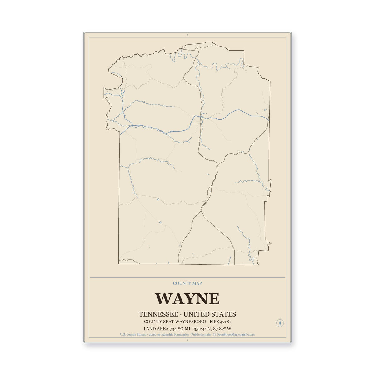 Wayne County, Tennessee Map Aluminum Sign in Heritage Nautical style