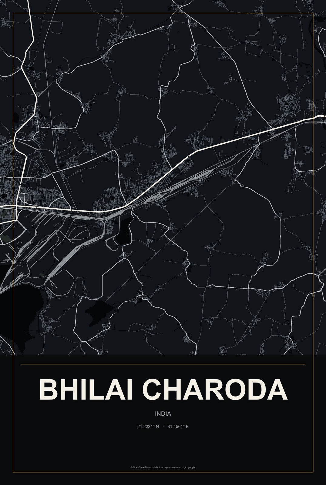 Bhilai Charoda, India City Map Aluminum Sign in Metropolitan Noir style