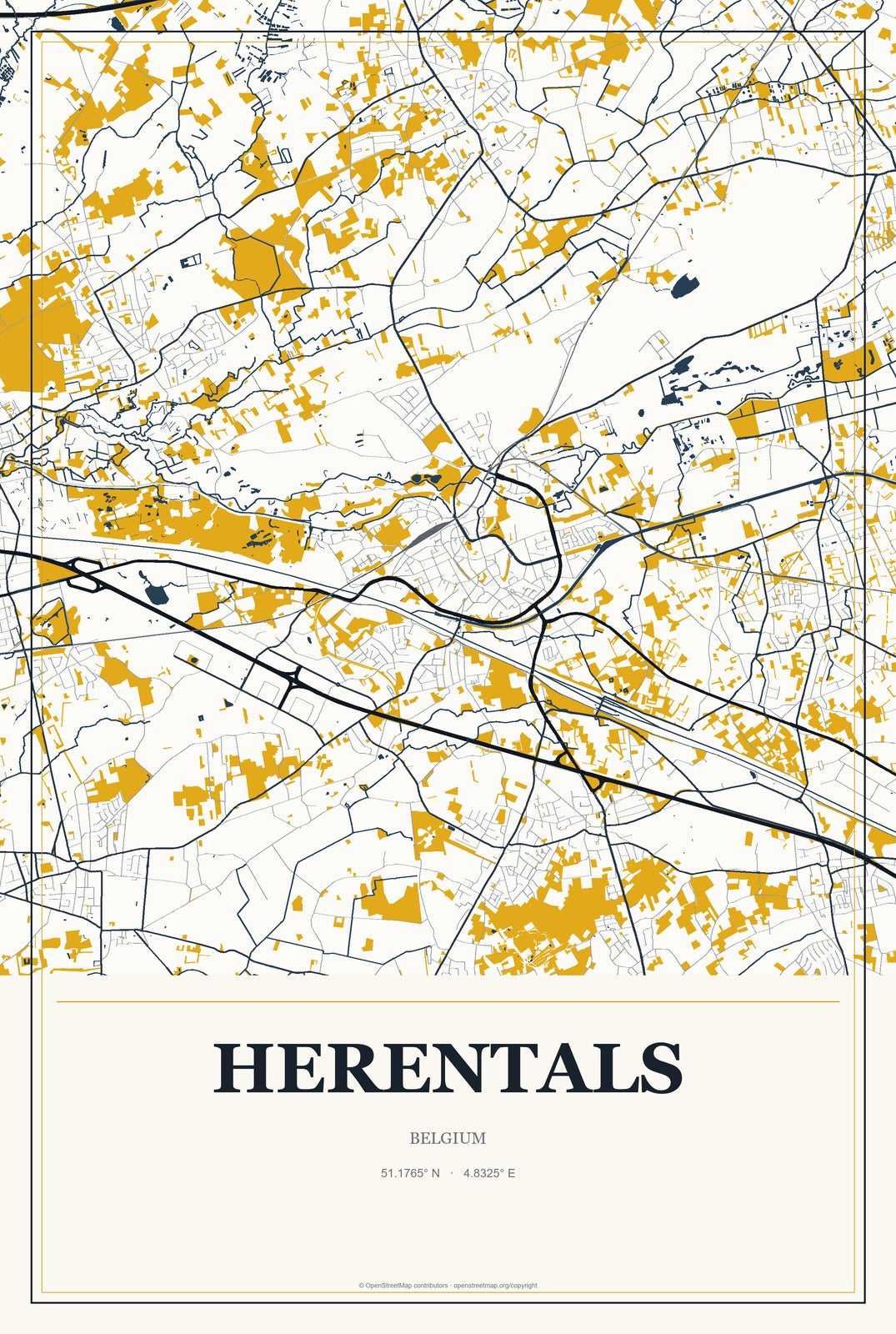 Herentals, Belgium City Map Aluminum Sign in Citrine Modern style