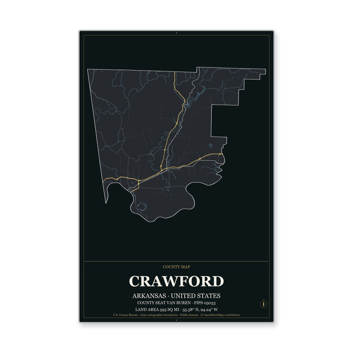 Crawford County, Arkansas Map Aluminum Sign in Metropolitan Noir style