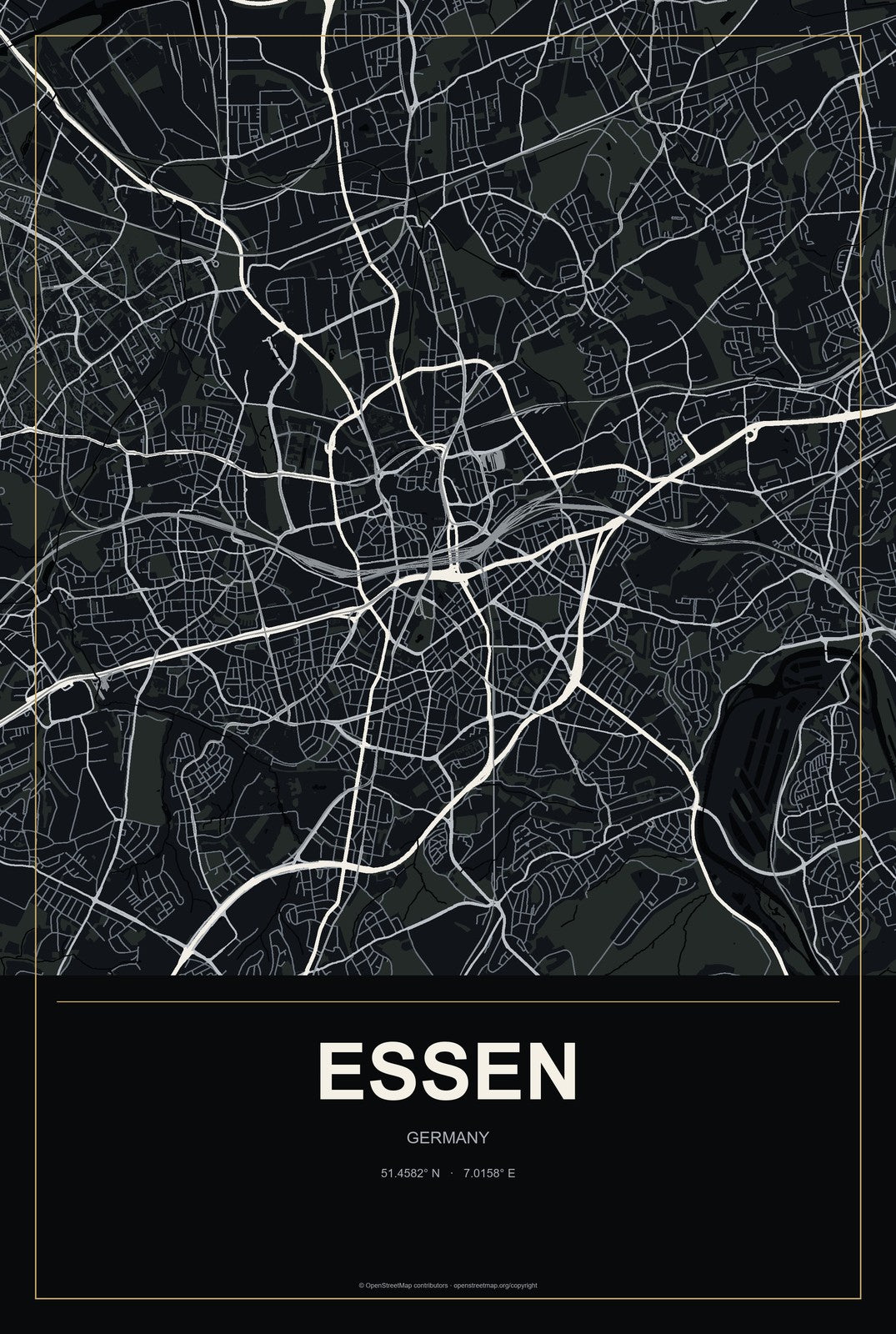 Essen, Germany City Map Aluminum Sign in Metropolitan Noir style