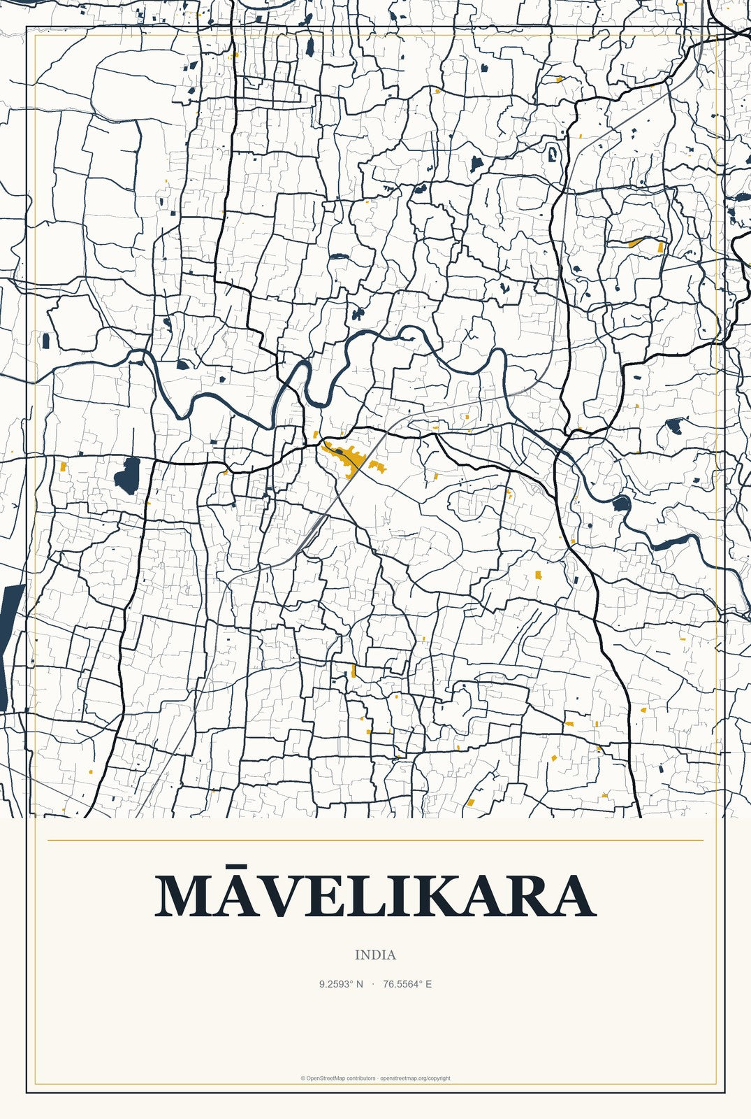 Māvelikara, India City Map Aluminum Sign in Citrine Modern style