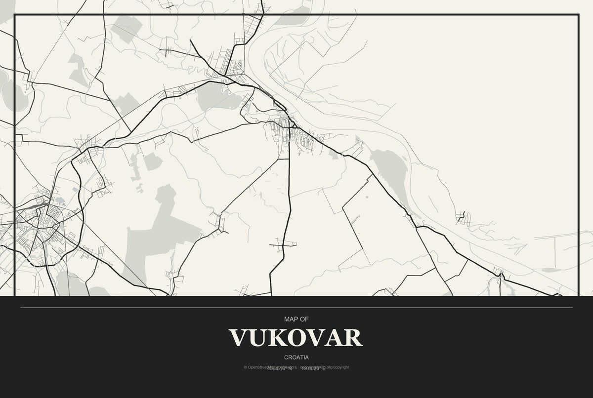 Vukovar, Croatia City Map Aluminum Sign in Museum Plaque style