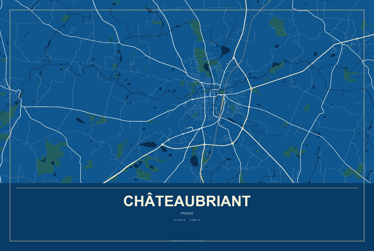 Châteaubriant, France City Map Aluminum Sign in Harbor Cobalt style