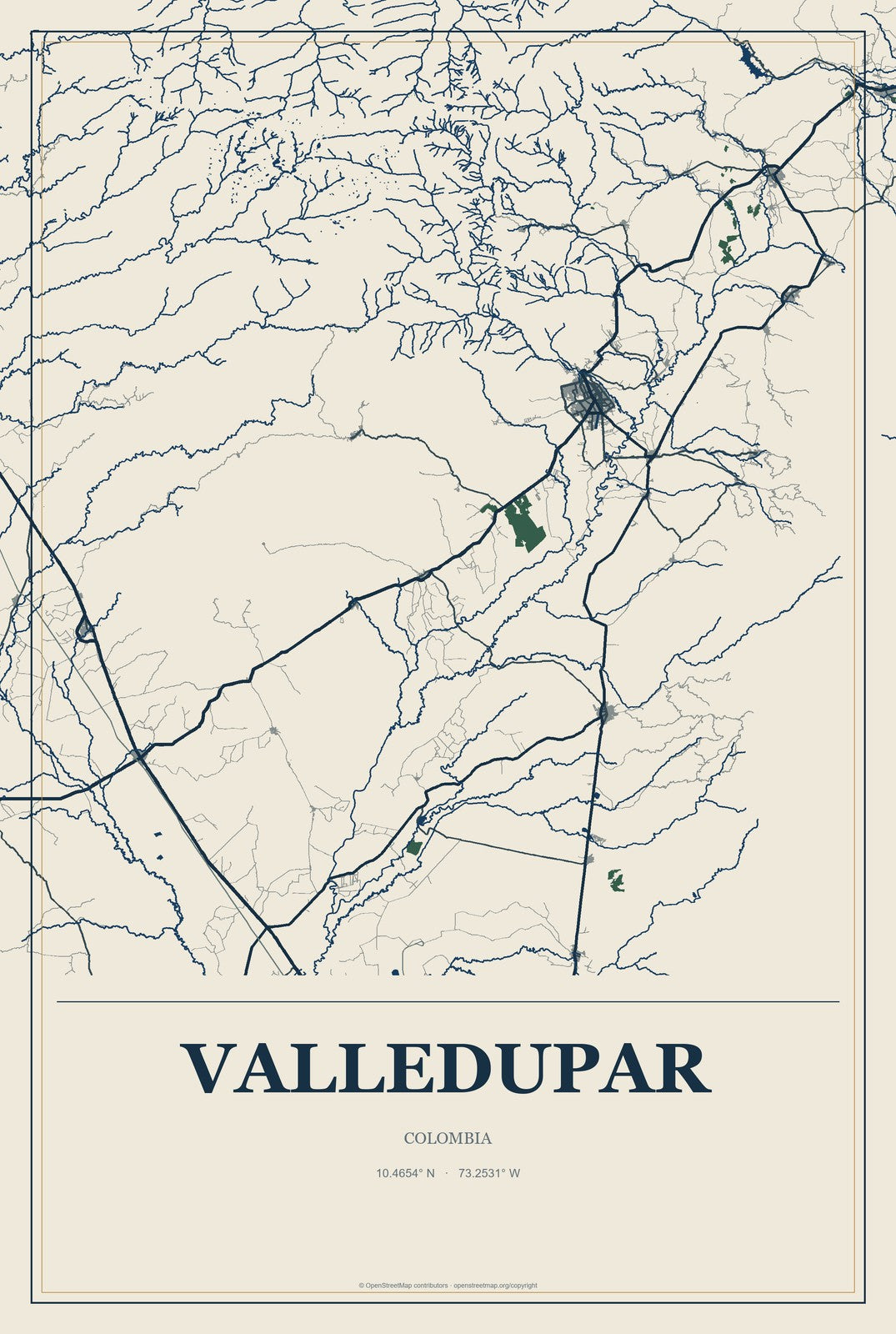 Valledupar, Colombia City Map Aluminum Sign in Coastal Cutout style