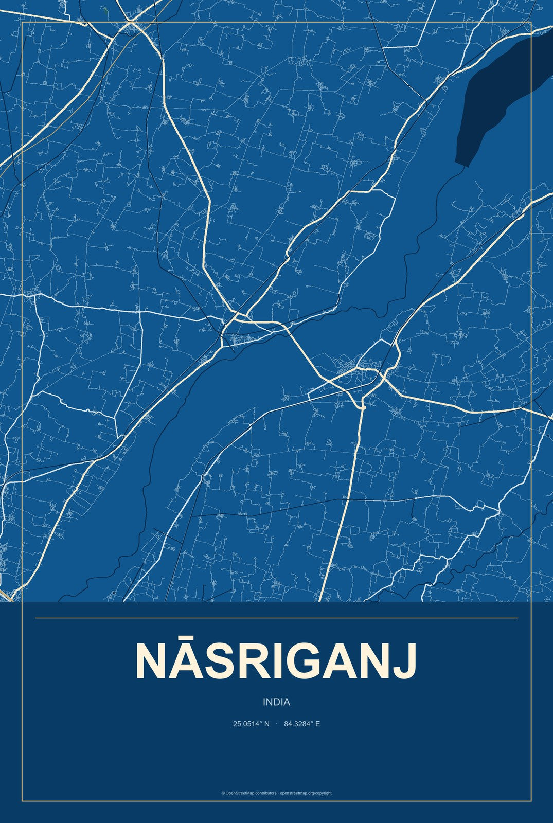 Nāsriganj, India City Map Aluminum Sign in Harbor Cobalt style