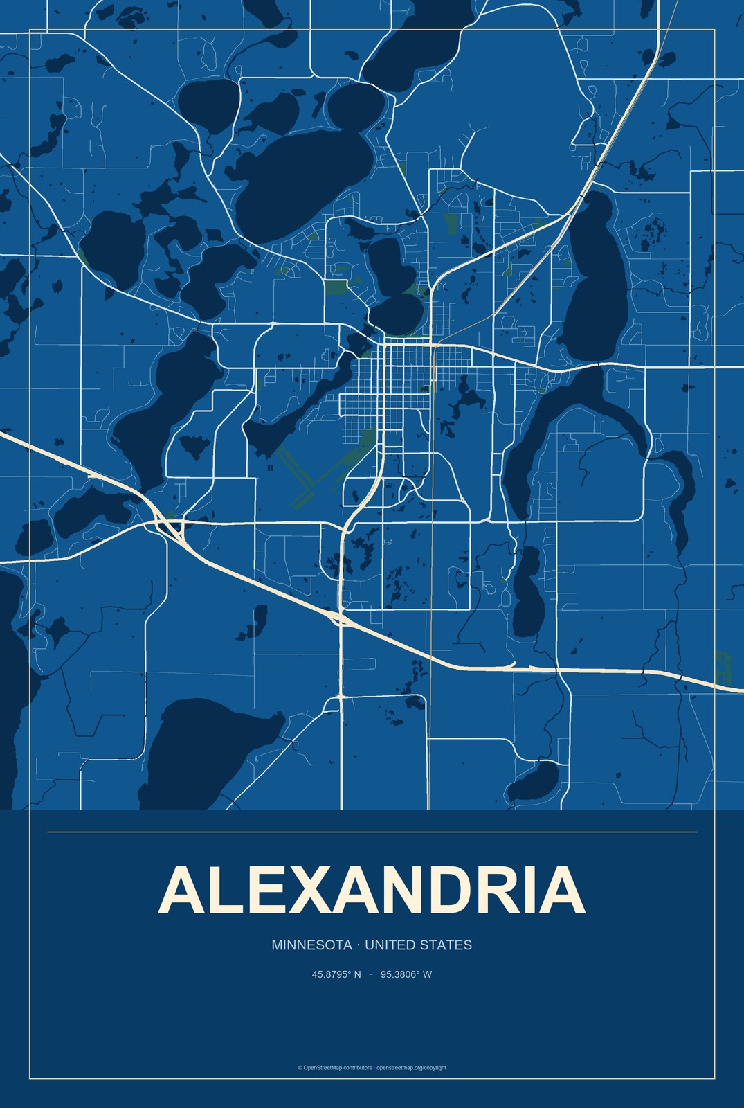 Alexandria, Minnesota City Map Aluminum Sign in Harbor Cobalt style