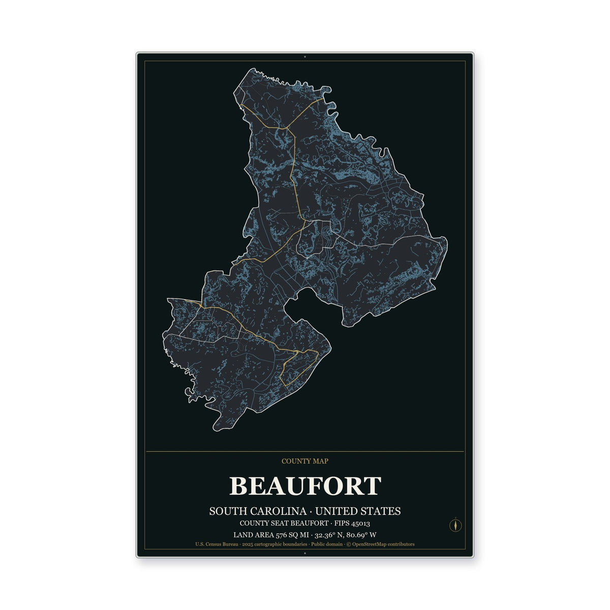 Beaufort County, South Carolina Map Aluminum Sign in Metropolitan Noir style