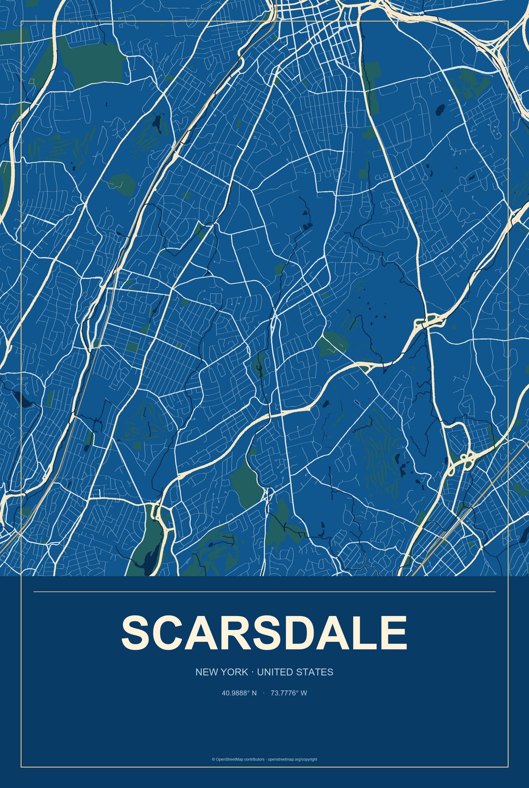 Scarsdale, New York City Map Aluminum Sign in Harbor Cobalt style