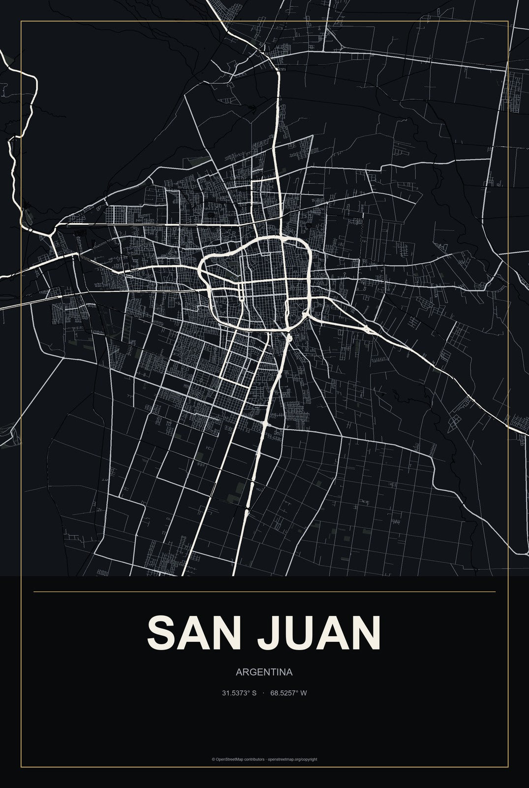 San Juan, Argentina City Map Aluminum Sign in Metropolitan Noir style