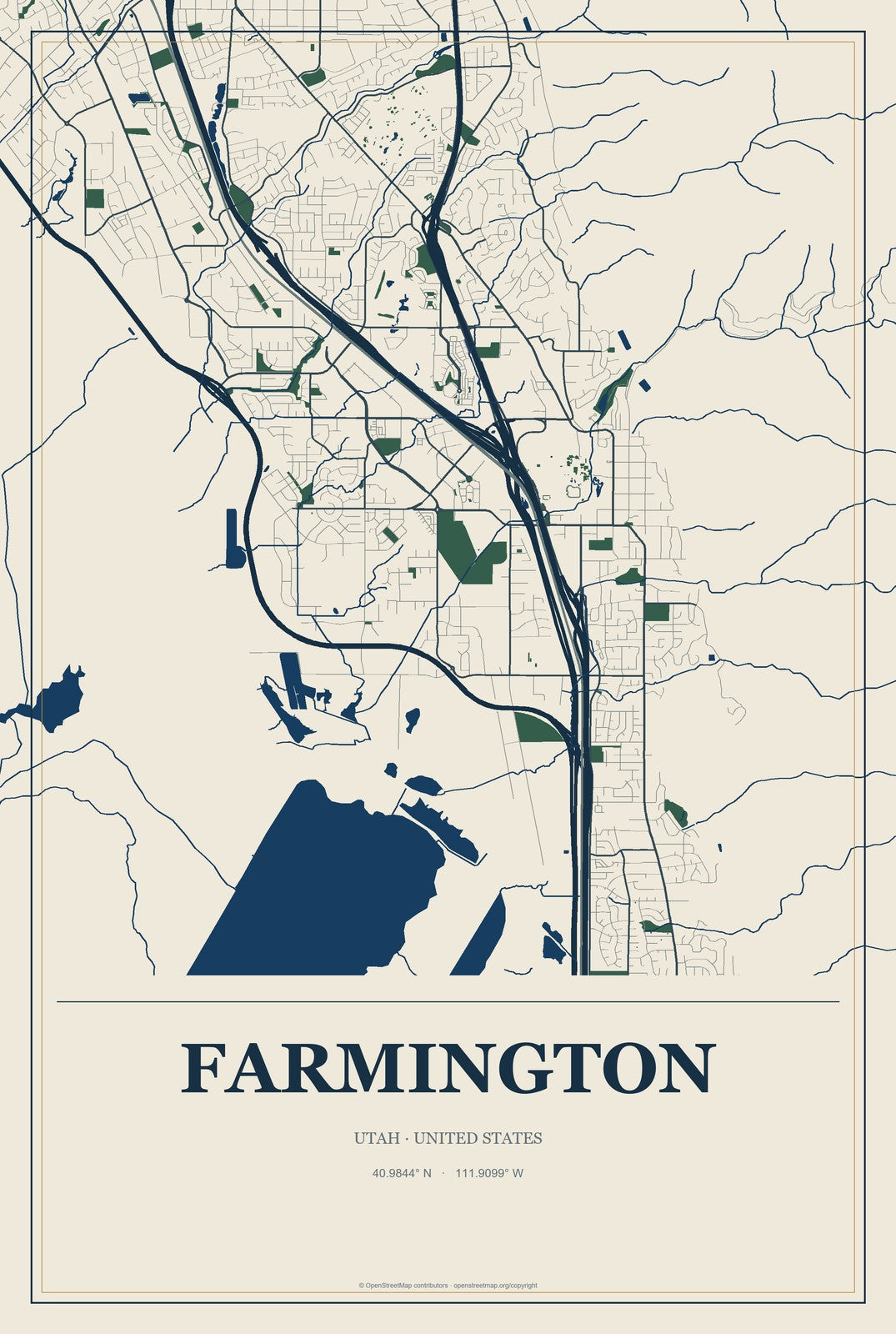 Farmington, Utah City Map Aluminum Sign in Coastal Cutout style