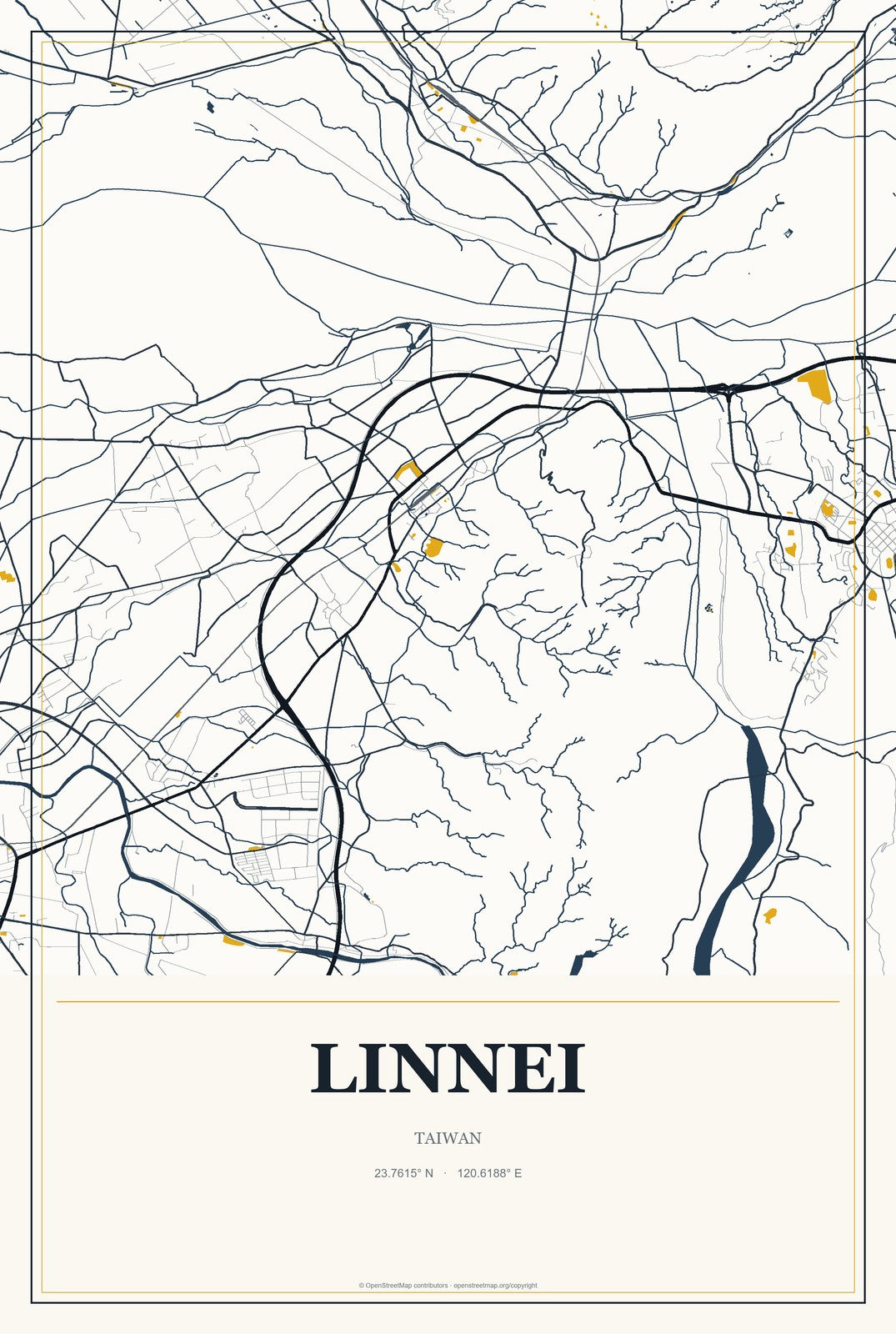 Linnei, Taiwan City Map Aluminum Sign in Citrine Modern style